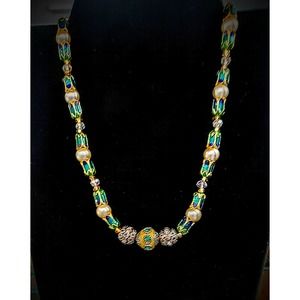 Green Cloisonne with Glass Pearls